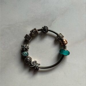 Pandora Silver and Teal Charm Bracelet
